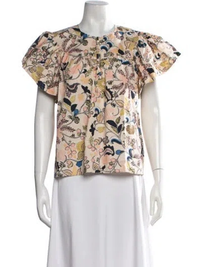 Pre-owned Ulla Johnson Floral Print Crew Neck Blouse W/ Tags In Orange