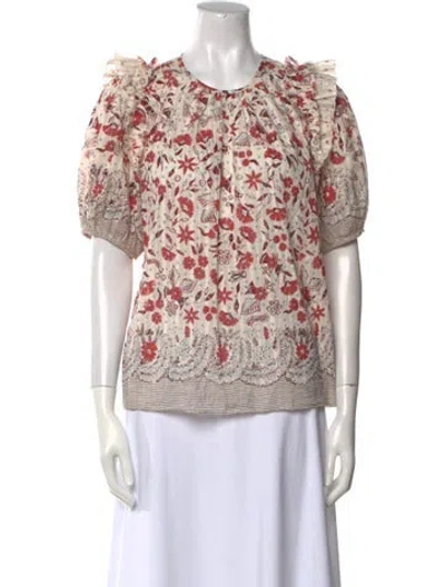 Pre-owned Ulla Johnson Floral Print Crew Neck Blouse In White