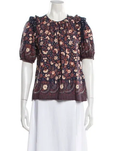 Pre-owned Ulla Johnson Floral Print Crew Neck Blouse In White