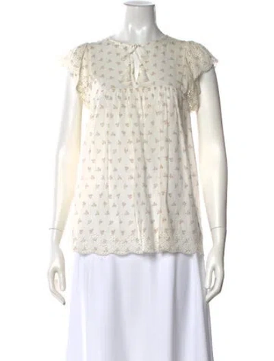 Pre-owned Ulla Johnson Floral Print Crew Neck Blouse In White