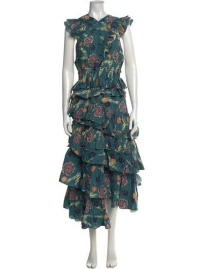 Pre-owned Ulla Johnson Floral Print Long Dress In Green