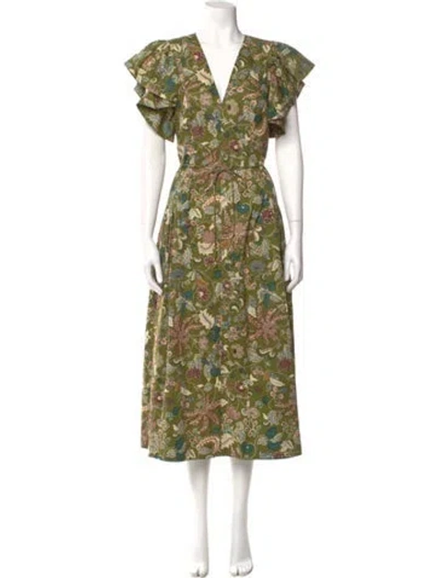 Pre-owned Ulla Johnson Floral Print Long Dress In Green