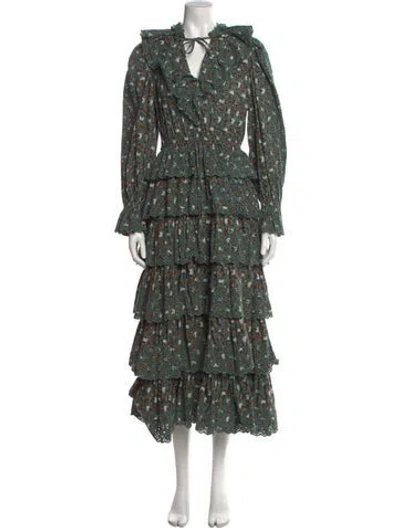 Pre-owned Ulla Johnson Floral Print Long Dress In Green