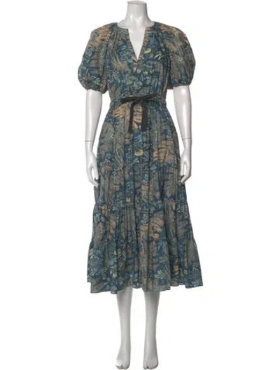 Pre-owned Ulla Johnson Floral Print Long Dress W/ Tags In Blue
