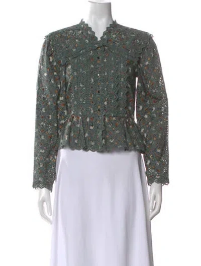 Pre-owned Ulla Johnson Floral Print Long Sleeve Blouse In Green