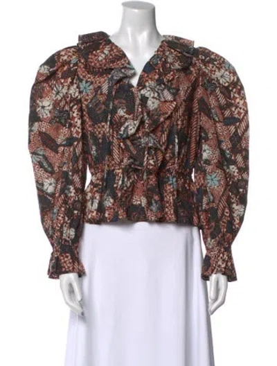 Pre-owned Ulla Johnson Floral Print Long Sleeve Button-up Top In Orange