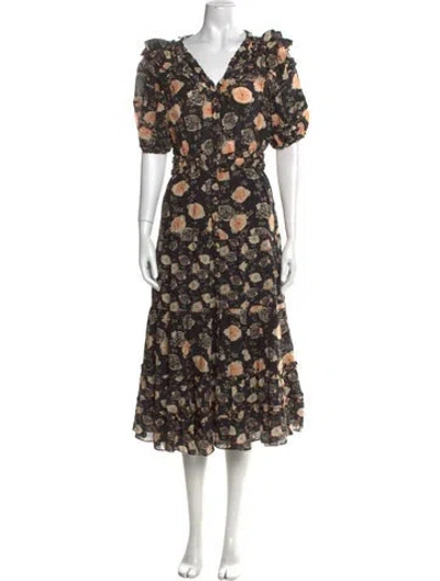Pre-owned Ulla Johnson Floral Print Midi Length Dress In Black
