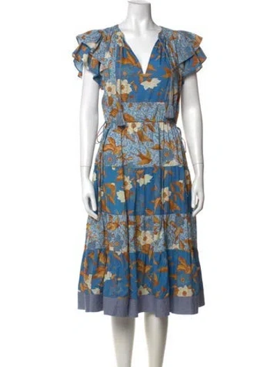 Pre-owned Ulla Johnson Floral Print Midi Length Dress In Blue
