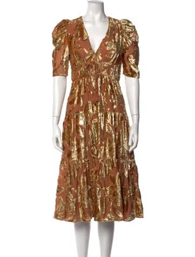 Pre-owned Ulla Johnson Floral Print Midi Length Dress In Gold