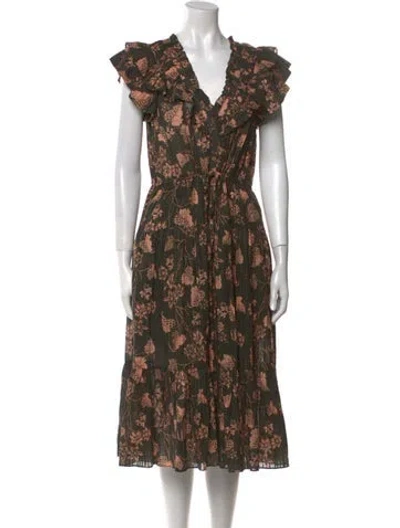 Pre-owned Ulla Johnson Floral Print Midi Length Dress In Green