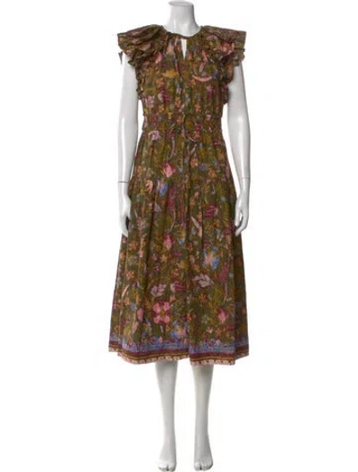 Pre-owned Ulla Johnson Floral Print Midi Length Dress In Green