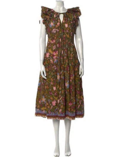 Pre-owned Ulla Johnson Floral Print Midi Length Dress In Green