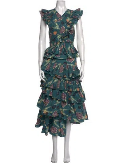 Pre-owned Ulla Johnson Floral Print Midi Length Dress In Green