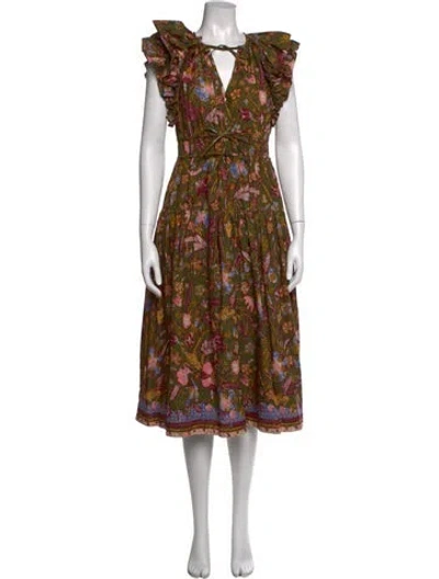 Pre-owned Ulla Johnson Floral Print Midi Length Dress In Green