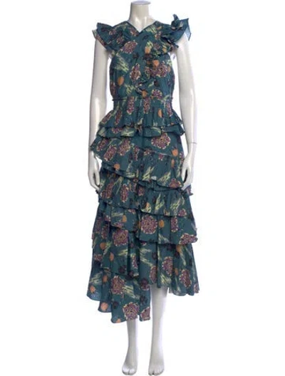 Pre-owned Ulla Johnson Floral Print Midi Length Dress In Green