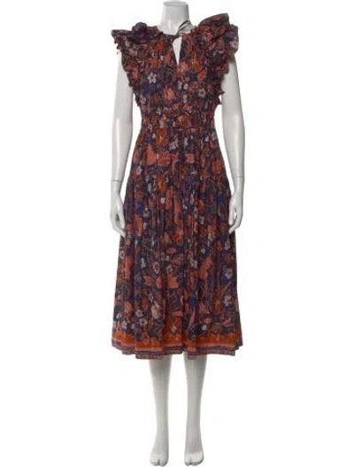 Pre-owned Ulla Johnson Floral Print Midi Length Dress In Orange