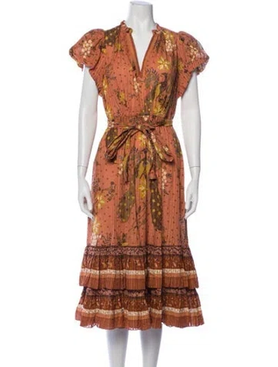 Pre-owned Ulla Johnson Floral Print Midi Length Dress In Orange