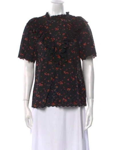 Pre-owned Ulla Johnson Floral Print Mock Neck Blouse In Black