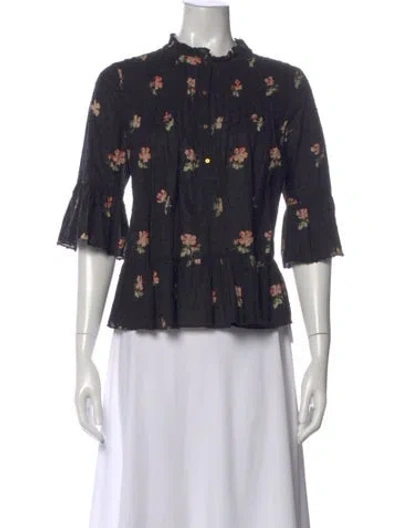 Pre-owned Ulla Johnson Floral Print Mock Neck Blouse In Black
