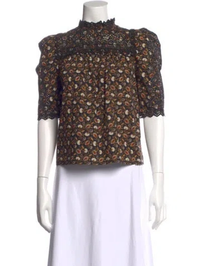Pre-owned Ulla Johnson Floral Print Mock Neck Blouse In Black
