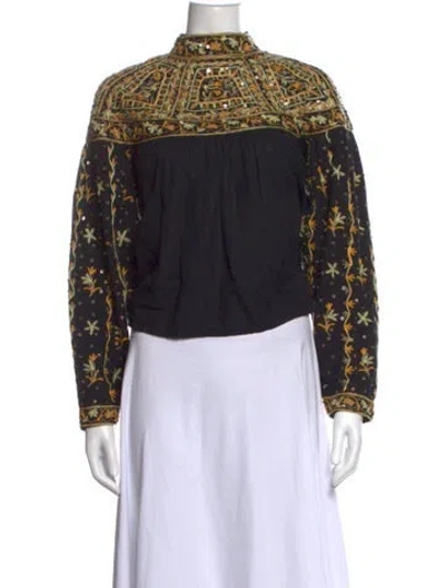Pre-owned Ulla Johnson Floral Print Mock Neck Blouse In Black