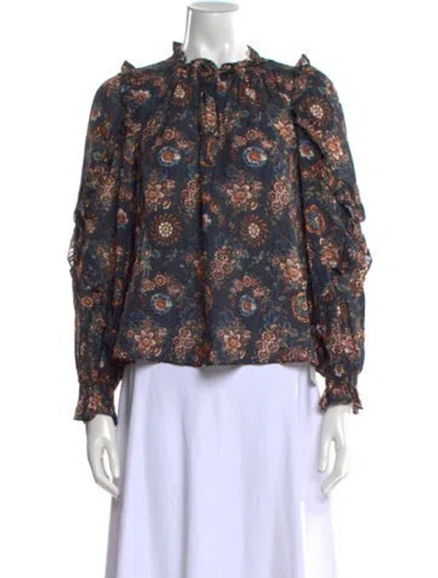 Pre-owned Ulla Johnson Floral Print Mock Neck Blouse In Blue