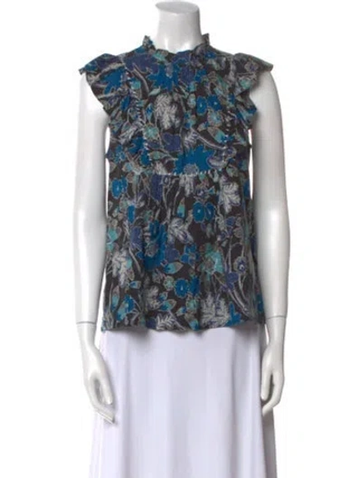 Pre-owned Ulla Johnson Floral Print Mock Neck Blouse In Blue