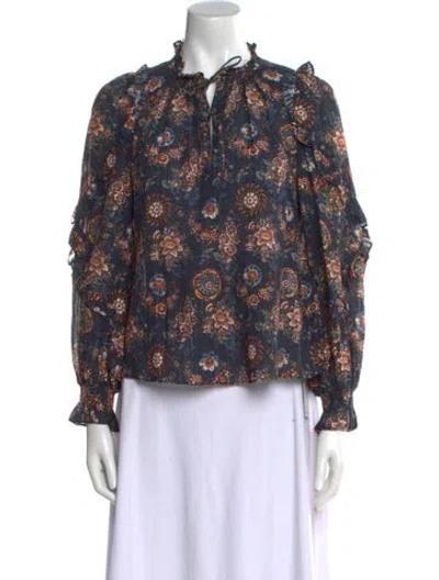 Pre-owned Ulla Johnson Floral Print Mock Neck Blouse In Blue