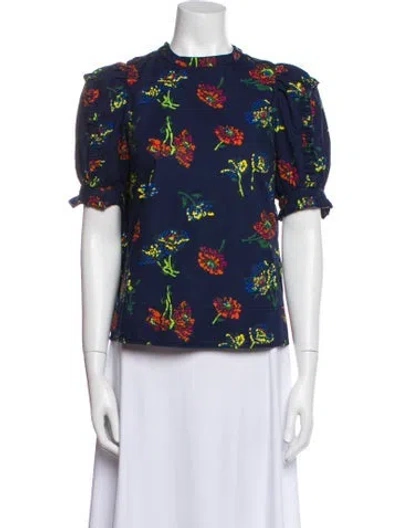 Pre-owned Ulla Johnson Floral Print Mock Neck Blouse In Blue