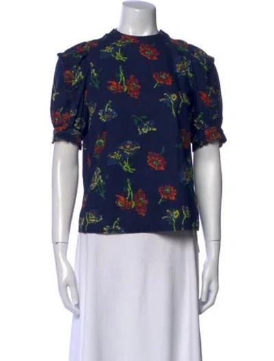 Pre-owned Ulla Johnson Floral Print Mock Neck Blouse In Blue