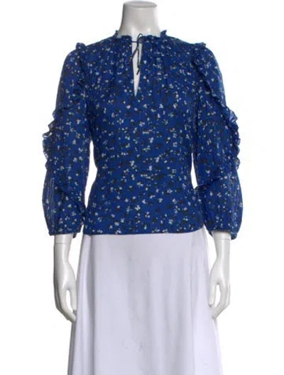 Pre-owned Ulla Johnson Floral Print Mock Neck Blouse In Blue
