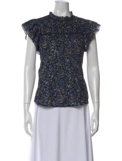 Pre-owned Ulla Johnson Floral Print Mock Neck Blouse In Blue