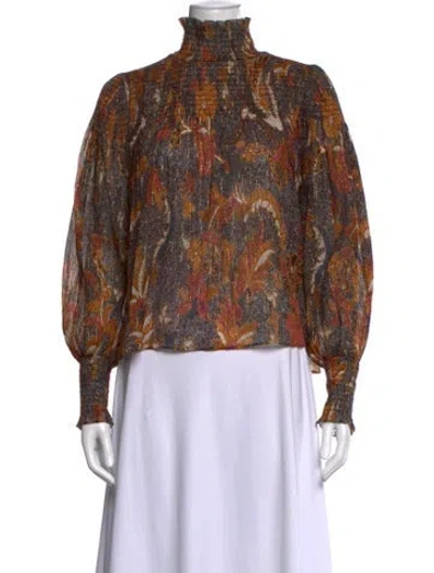 Pre-owned Ulla Johnson Floral Print Mock Neck Blouse In Brown