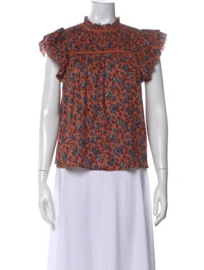 Pre-owned Ulla Johnson Floral Print Mock Neck Blouse In Orange