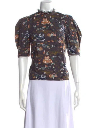 Pre-owned Ulla Johnson Floral Print Mock Neck Blouse In Purple