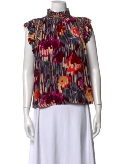 Pre-owned Ulla Johnson Floral Print Mock Neck Blouse In Purple