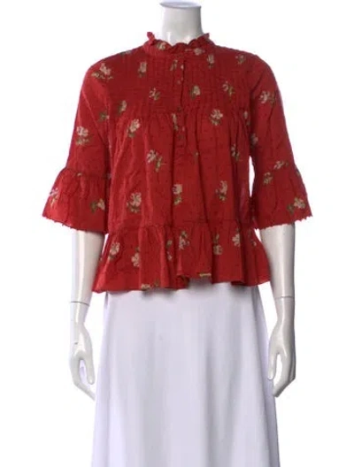 Pre-owned Ulla Johnson Floral Print Mock Neck Blouse In Red