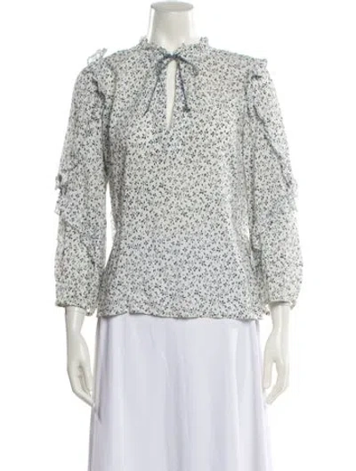 Pre-owned Ulla Johnson Floral Print Mock Neck Blouse In White