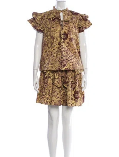 Pre-owned Ulla Johnson Floral Print Pleated Accents Skirt Set In Yellow