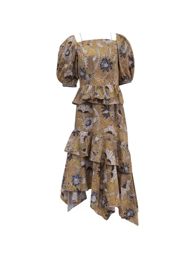 Pre-owned Ulla Johnson Floral-print Ruffled Midi Dress In Brown
