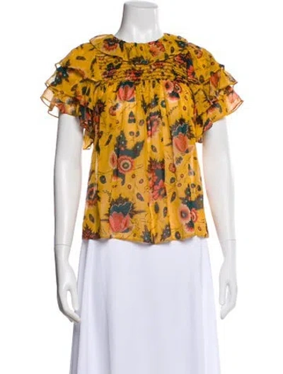 Pre-owned Ulla Johnson Floral Print Scoop Neck Blouse In Green