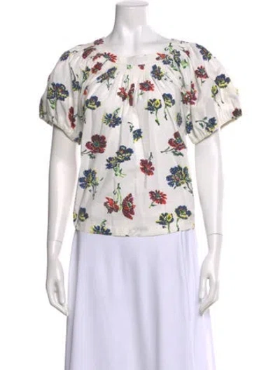 Pre-owned Ulla Johnson Floral Print Scoop Neck Blouse In White