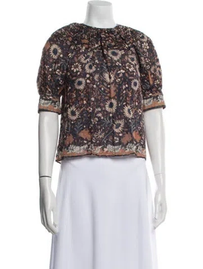 Pre-owned Ulla Johnson Floral Print Scoop Neck Crop Top In Brown