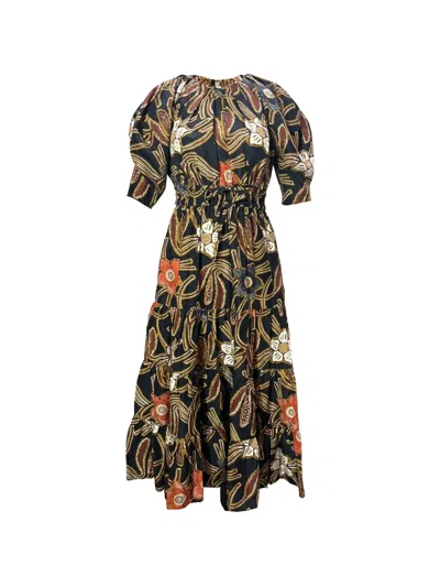 Pre-owned Ulla Johnson Floral Print Shirred Midi Dress In Black