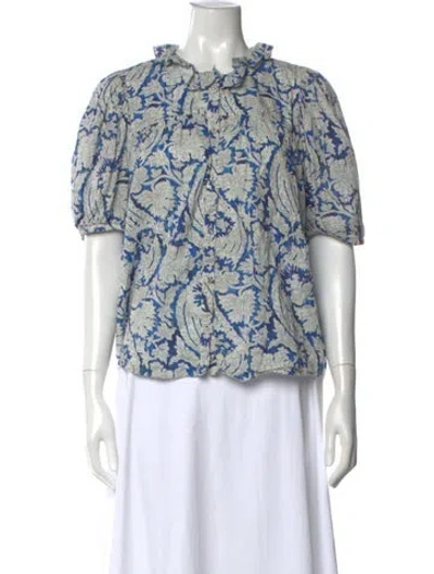 Pre-owned Ulla Johnson Floral Print Short Sleeve Blouse In Blue/gold/neutrals