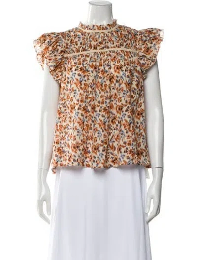 Pre-owned Ulla Johnson Floral Print Short Sleeve Blouse In Neutral