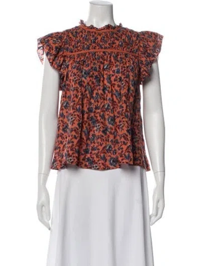 Pre-owned Ulla Johnson Floral Print Short Sleeve Blouse In Orange