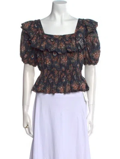 Pre-owned Ulla Johnson Floral Print Square Neckline Crop Top In Blue