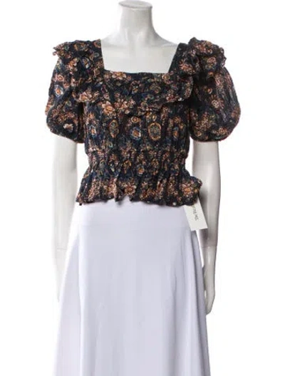 Pre-owned Ulla Johnson Floral Print Square Neckline Crop Top In Blue