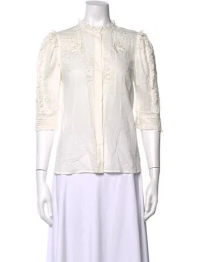 Pre-owned Ulla Johnson Floral Print Three-quarter Sleeve Blouse In White